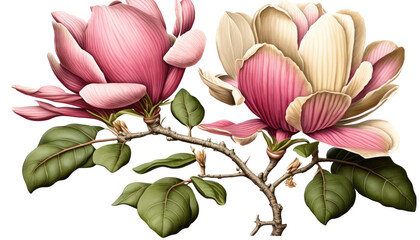 isolated red, purple, pink magnolia flower botanical drawing, spring, illustration, transparent background, png, horizontal, vertical, springtime, floral, generative ai