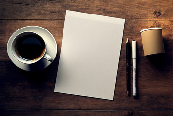 Multiple A4 mockup top view with cup of coffee on wooden table. Generative AI.