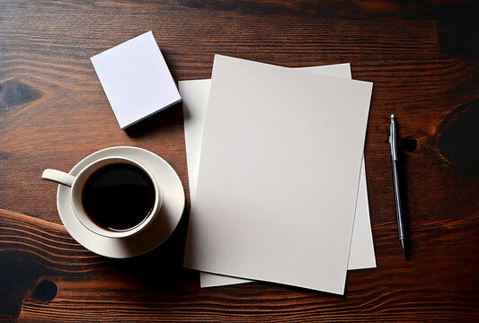 Multiple A4 Mockup Top View With Cup Of Coffee On Wooden Table. Generative AI.