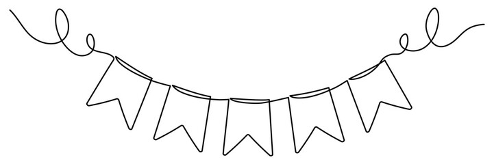 Continuous line art drawing buntings garland. Celebration party hand drawn elements. Vector linear illustration isolated on white.  - obrazy, fototapety, plakaty