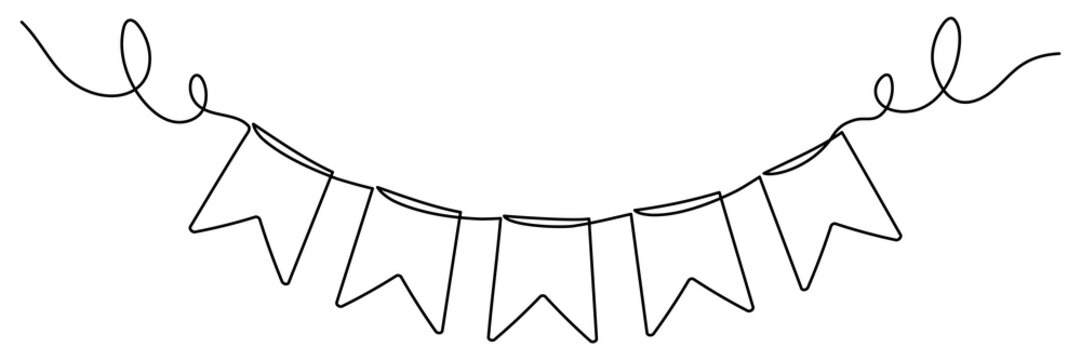recommend clip art: Continuous line art drawing buntings garland. Celebration party hand drawn elements. Vector linear illustration isolated on white. 