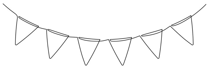Continuous line art drawing buntings garland. Celebration party hand drawn flags. Vector linear illustration isolated on white.  - obrazy, fototapety, plakaty