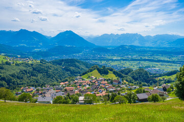 Fototapeta na wymiar Village on Franxern in the Rheintal valley, State of Vorarlberg, Austria