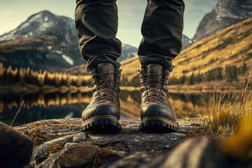 Hiking boots in mountain landscape. Close up of tourist standing on the ground in trekking boots. Adventures and discoveries in nature, active recreation. Created with Generative AI - obrazy, fototapety, plakaty