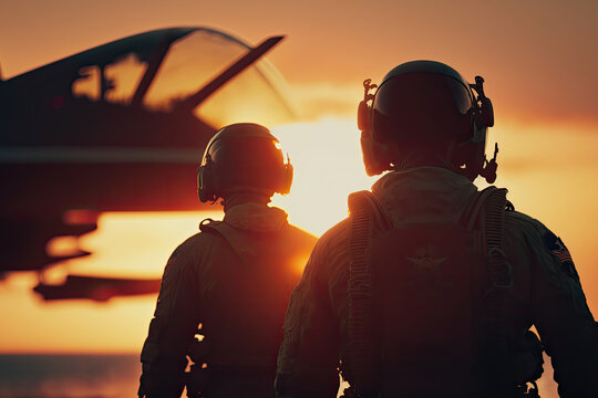 Military pilots near jet fighter at sunset. Military aviation. Created with Generative AI