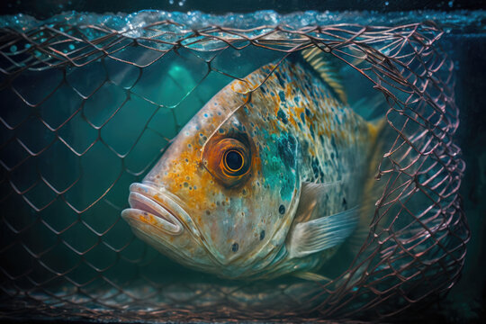 Fish Trapped Underwater. Fish In A Cage. Poaching And Destruction Of Fish. Problem In Environmental System. Created With Generative AI