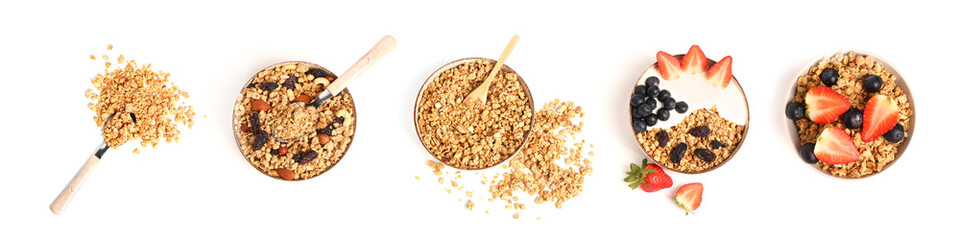 Collage of crunchy sweet granola with dried fruits, nuts, yogurt and fresh berries on white background, top view