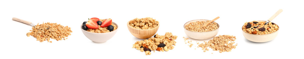 Set of crunchy sweet granola with dried fruits, nuts and fresh berries on white background