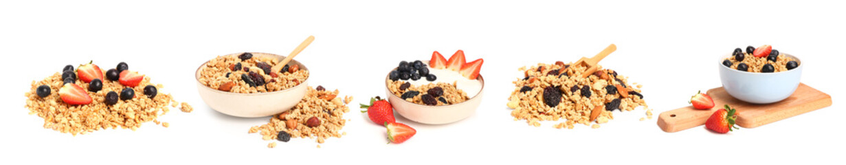 Set of crunchy sweet granola with dried fruits, nuts, fresh berries and yogurt on white background