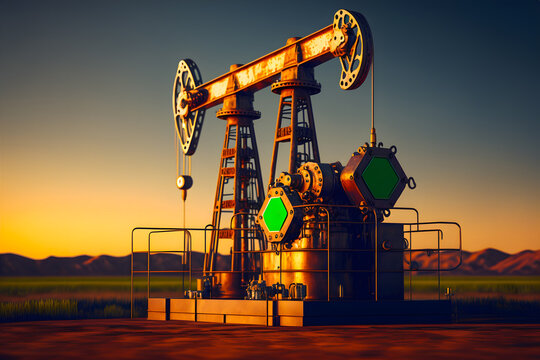 Oil pumps pump thick oil from the deep layers of the earth's bowels in the evening at sunset. Generative AI technology.