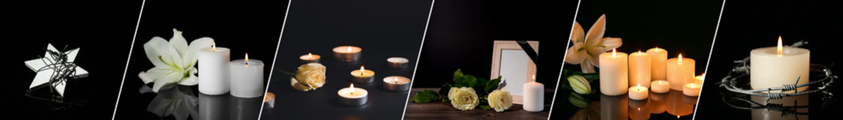 Fototapeta na wymiar Collage of burning candles with flowers, funeral photo frame and bearded wires on dark background
