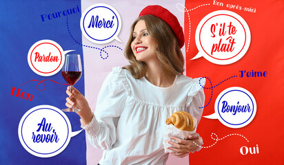 Beautiful young woman with croissant and wine against flag of France