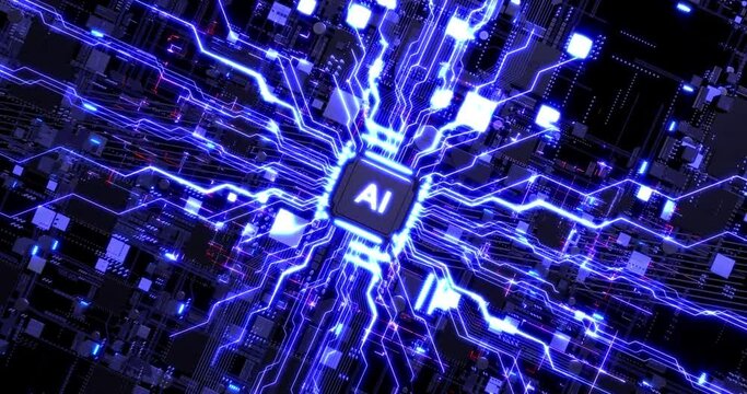 AI CPU Processing Data. Glowing Data Signals Flowing. Futuristic AI Processor. Computer And Technology Related 4K 3D CG Animation.