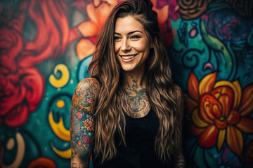 portrait of a tattooed woman on colorful background - obrazy, fototapety, plakaty