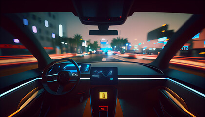 Futuristic autonomus self driving vehicle on city streets at night. Generative ai, AI - obrazy, fototapety, plakaty