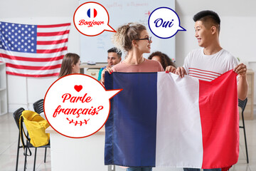 Students with flag of France at language school. International French Language Day