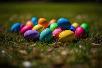 Obraz premium Colorful handmade easter eggs and gold matels effects design festival.generative ai.