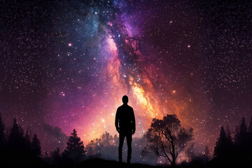 Fototapeta premium A man standing in front of a galaxy. Generative AI