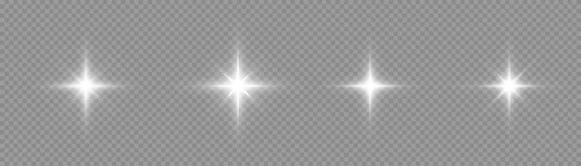 A set of white glowing light on a transparent background, white sun rays, bright stars with rays and highlights. Vector 10 eps