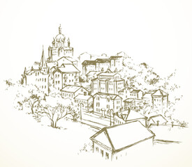 Vector drawing. City landscape with church