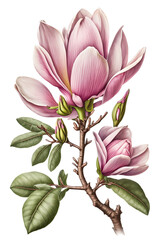 isolated red, purple, pink magnolia flower botanical drawing, spring, illustration, transparent background, png, horizontal, vertical, springtime, floral, generative ai