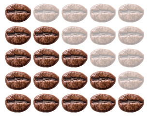 Coffee strength scale based on a photograph of a roasted coffee bean on an isolated background. Set of roast or caffeine intensity levels