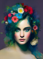 Obraz na płótnie Canvas Portrait of a beautiful woman, Digital painting of a beautiful girl, Digital illustration of a female face. Generative AI