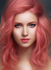 Painting of the face of a beautiful woman with pink hair, Portrait of a beautiful woman. Generative AI