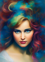 Obraz na płótnie Canvas Painting of the face of a beautiful woman with colorful hair, Portrait of a beautiful woman. Generative AI