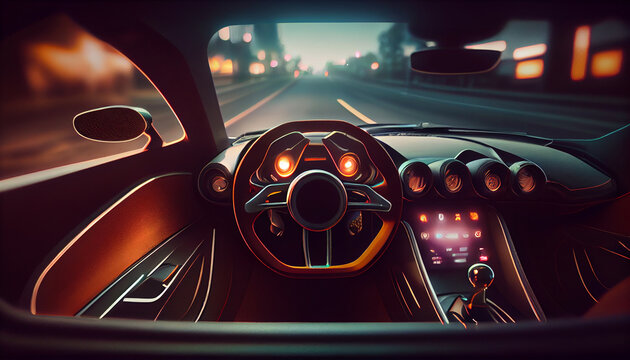 Futuristic autonomus self driving vehicle on city streets at night. Generative ai, AI