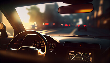 Futuristic autonomus self driving vehicle on city streets at night. Generative ai, AI