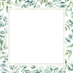 Fototapeta na wymiar Watercolor greenery frame with eucalyptus and fern leaves.