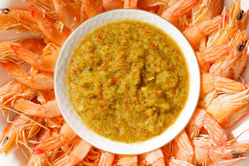 Boiled shrimps on a monochrome background