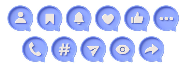 3d social media notification icons. Like, comment, subscribe and view buttons. Vector icons of bubbles in different sizes for social networks.