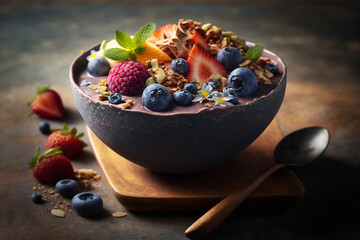 Delicious acai bowl filled with colorful and nutritious ingredients promoting a healthy lifestyle. AI generated.