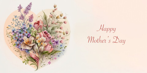 Heart-shaped flower arrangement, Mother’s Day bouquet, celebration card with Happy Mother’s Day text, Generative AI with copy space