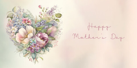 Heart-shaped flower arrangement, Mother’s Day bouquet, celebration card with Happy Mother’s Day text, Generative AI with copy space