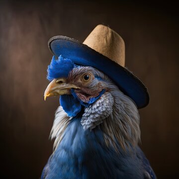 Closeup, blue chicken with hat, Ai Generative.