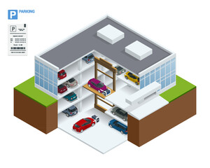 Isometric robot valet parking cars. Outdoor valet parking robot. Automated parking systems for cars Underground parking with cars. Indoor car park under house or office.