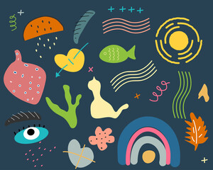 Set of abstract shapes on a dark background. Set of design elements similar to plants, animals, nature. Suitable for posters, brochures, invitations, social networks. Modern graphic design. Vector