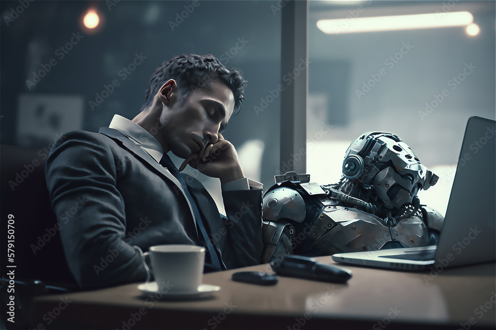Poster Man and robots cooperation. Businessman tired sleeping on working table while robot cyborg keep working on laptop in office. Generative ai.