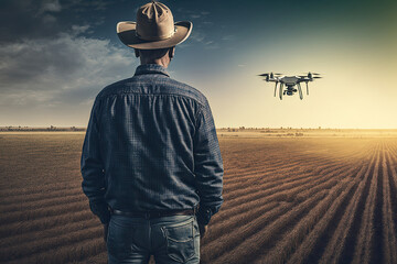 Close up of Caucasian man farmer in hat standing in wheat field and controlling of drone which flying above margin. Technologies in farming. Generative AI - obrazy, fototapety, plakaty