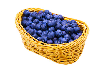 Blueberries in basket isolated macro photo. Fresh organic berries. Purple and blue color. Clipart design element. Vegan, vegetarian, healthy diet concept. Farmers market, grocery store produce.