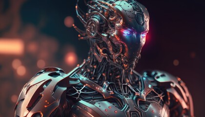 Modern futuristic male humanoid robot with metal outfit. concept of artificial intelligence or AI, shape of a man. Generative AI