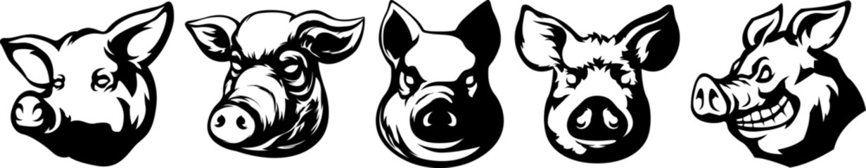 Pig head mascot. Swine logo. Hog illustration set.