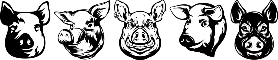 Pig head mascot. Swine logo. Hog illustration set.