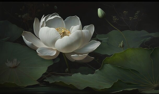  a painting of a white flower with green leaves on a black background.  generative ai