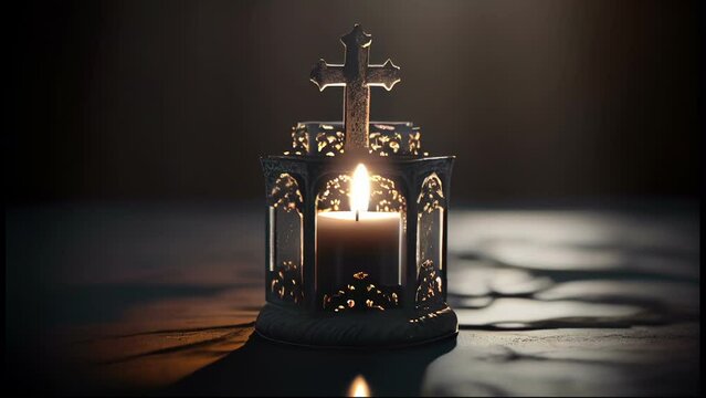 Cinemagraph of The lighted candle with the small crucifix on top of the holder on the table AI generated