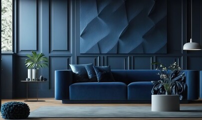  a living room with a blue couch and potted plants.  generative ai