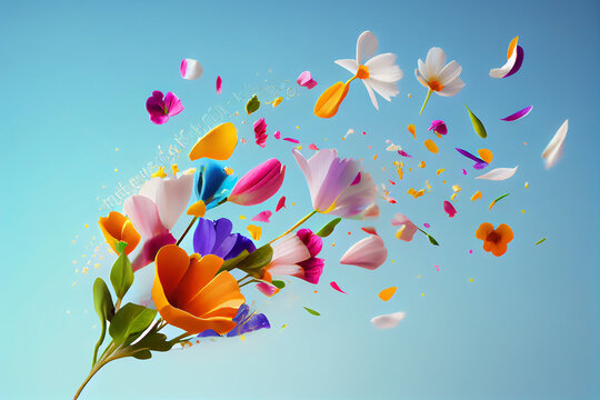 Flowers creative composition. Fresh spring field flowers flying in the sky with petals. mock up. view, copy space. top. flat lay